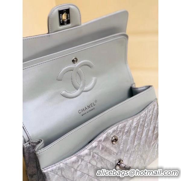 Best Grade Chanel Aged Metallic Silver Calfskin Medium Classic Flap Bag 121128