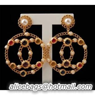 Good Product Chanel CC Hoop Clip-on Earrings with Multicolor Stones AB0271 Gold