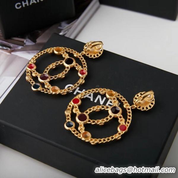 Good Product Chanel CC Hoop Clip-on Earrings with Multicolor Stones AB0271 Gold