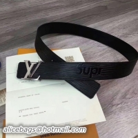 Fashion Louis Vuitton SPREME 40mm Black Epi Leather Belt M5897 Silver