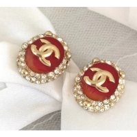 Shop Duplicate Chanel Resion Oval Stud Clip-on Earrings 121141 Red/Gold