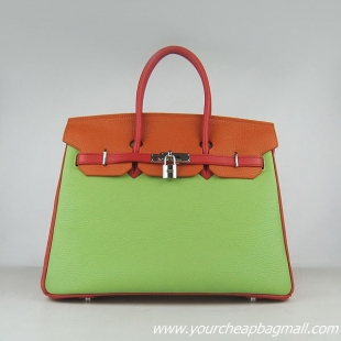 Hermes 35cm Embossed Veins Leather Bag Red-Orange-Green 6089 Silver Hardware