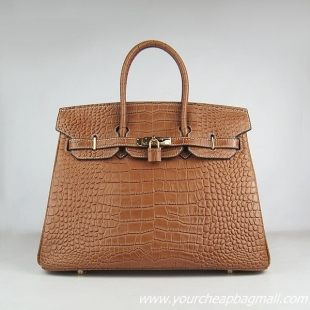 Hermes Birkin 35cm Crocodile Veins Leather Bag Light Coffee 6089 Gold Hardware