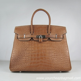 Hermes Birkin 35cm Crocodile Veins Leather Bag Light Coffee 6089 Silver Hardware