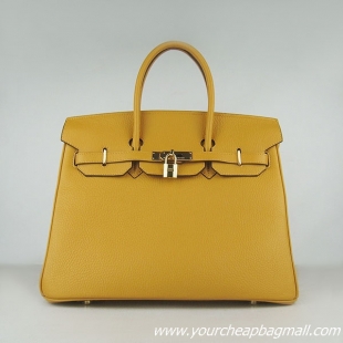 Hermes 35cm Embossed Veins Leather Bag Yellow 6089 Gold Hardware