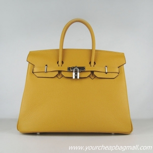 Hermes 35cm Embossed Veins Leather Bag Yellow 6089 Silver Hardware