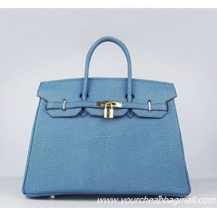 Hermes Birkin 35cm Pearl Veins Leather Bag Blue 6089 Gold Hardware