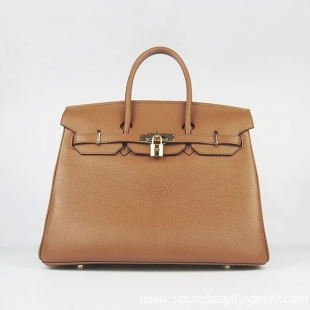 Hermes 35cm Embossed Veins Leather Bag Light Coffee 6089 Gold Hardware