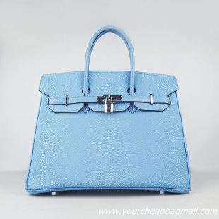 Hermes Birkin 35cm Pearl Veins Leather Bag Light Blue 6089 Silver Hardware