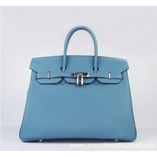 Hermes Birkin 35cm Tendon Veins Leather Bag Blue Silver Hardware