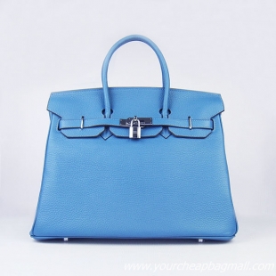 Hermes 35cm Embossed Veins Leather Bag Bule 6089 Silver Hardware