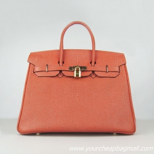 Hermes Birkin 35cm Pearl Veins Leather Bag Dark Orange 6089 Gold Hardware