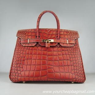 Hermes Birkin 35cm Crocodile Veins Leather Bag Dark Orange 6089 Gold Hardware