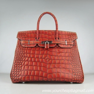 Hermes Birkin 35cm Crocodile Veins Leather Bag Dark Orange 6089 Silver Hardware