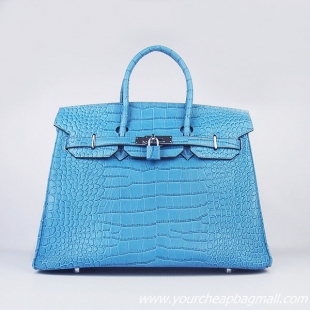 Hermes Birkin 35cm Crocodile Veins Leather Bag Light Blue 6089 Silver Hardware