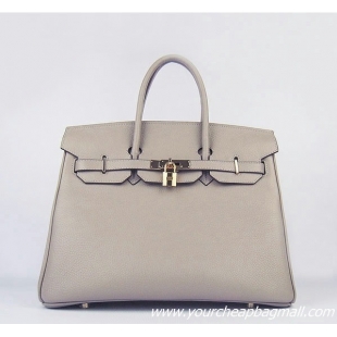 Hermes 35cm Embossed Veins Bag Grey Gold Hardware 6089