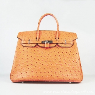 Hermes Birkin 35cm Ostrich Veins Handbag Light Orange 6089 Silver Hardware