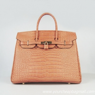 Hermes Birkin 35cm Crocodile Veins Leather Bag Orange 6089 Gold Hardware