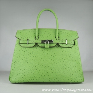 Hermes Birkin 35cm Ostrich Veins Handbag Green 6089 Silver Hardware