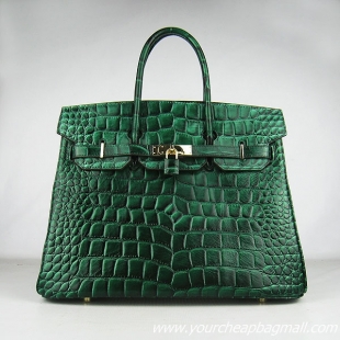 Hermes Birkin 35cm Max Crocodile Veins Leather Bag Dark Green 6089 Gold Hardware