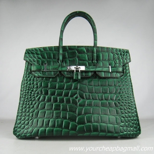 Hermes Birkin 35cm Max Crocodile Veins Leather Bag Dark Green 6089 Silver Hardware