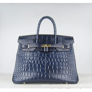 Hermes Birkin 35cm Max Crocodile Veins Leather Bag Dark Blue 6089 Gold Hardware