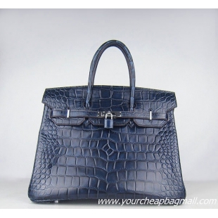 Hermes Birkin 35cm Max Crocodile Veins Leather Bag Dark Blue 6089 Silver Hardware