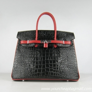 Hermes Birkin 35cm Crocodile Veins Leather Bag Black-Red 6089 Silver Hardware