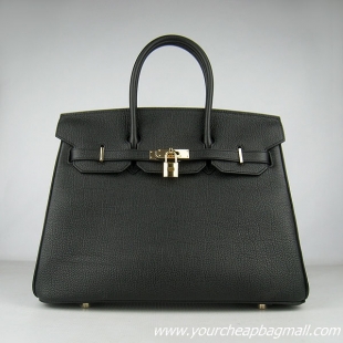 Hermes Birkin 35cm Tendon Veins Leather Bag Black Gold Hardware