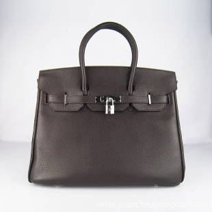 Hermes 35cm Embossed Veins Leather Bag Dark Coffee 6089 Silver Hardware