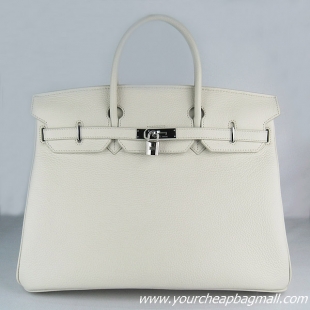 Hermes 35cm Embossed Veins Leather Bag Beige 6089 Silver Hardware