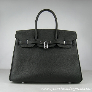 Hermes Birkin 35cm Tendon Veins Leather Bag Black Silver Hardware