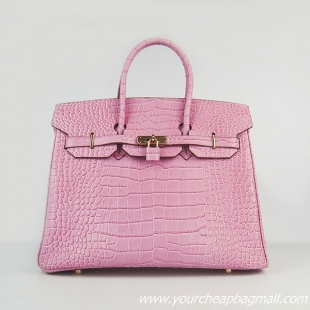 Hermes Birkin 35cm Crocodile Veins Leather Bag Pink 6089 Gold Hardware