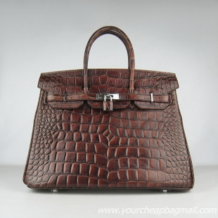 Hermes Birkin 35cm Max Crocodile Veins Leather Bag Dark Coffee 6089 Silver Hardware