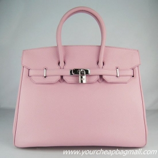 Hermes 35cm Embossed Veins Leather Bag Pink 6089 Silver Hardware