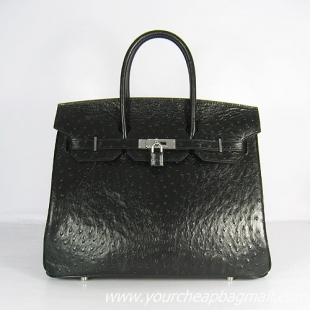 Hermes Birkin 35cm Ostrich Veins Handbag Black 6089 Silver Hardware