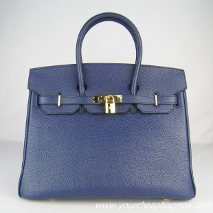 Hermes Birkin 35cm Embossed Veins Leather Bag Dark Blue 6089 Gold Hardware