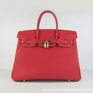 Hermes 35cm Embossed Veins Leather Bag Red 6089 Gold Hardware