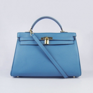 Hermes Kelly 35cm Togo Leather Bag Blue 6308 Gold Hardware