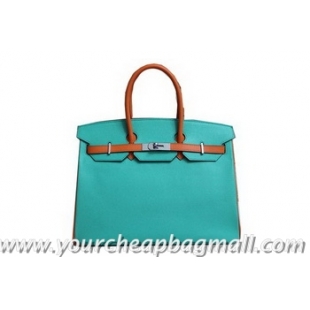 Shop Duplicate 2013 Hermes Birkin 35CM Tote Bag Calf Leather Orange With Light Blue