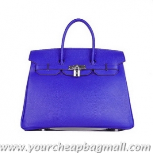 Free Shippings Charming Hermes Birkin 35CM Tote Bag Blue Clemence Leather H6089 Silver