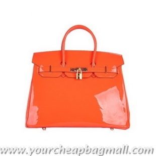 Famous Brand Hermes Birkin 35CM Tote Bag Orange Patent Leather H6089 Gold