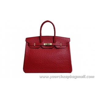 Most Popular Hermes Birkin 35CM Tote Bag Red Ostrich Leather BK35 Gold