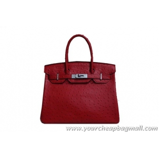 Perfect Hermes Birkin 35CM Tote Bag Red Ostrich Leather BK35 Silver