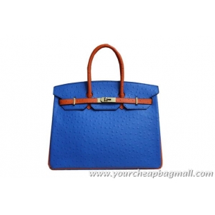 2013 Fashion Hermes Birkin 35CM Tote Bag Blue&Camel Ostrich Leather BK35 Gold