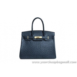 Unique Hermes Birkin 35CM Tote Bag Dark Blue Ostrich Leather BK35 Gold