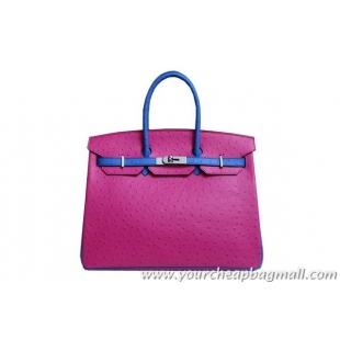 Wholesale Hermes Birkin 35CM Tote Bag Rose And Blue Ostrich Leather BK35 Silver