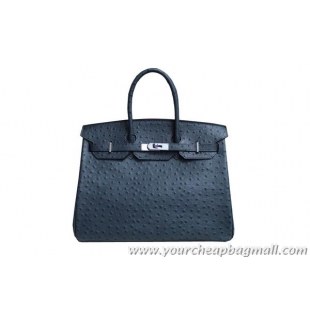 Grade Hermes Birkin 35CM Tote Bag Dark Blue Ostrich Leather BK35 Silver