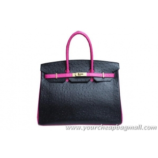 Low Price Hermes Birkin 35CM Tote Bag Black With Rose Ostrich Leather BK35 Gold