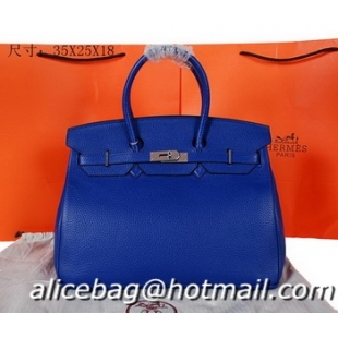 Low Price Hermes Birkin 35CM Tote Bag Blue Original Grainy Leather H35 Silver